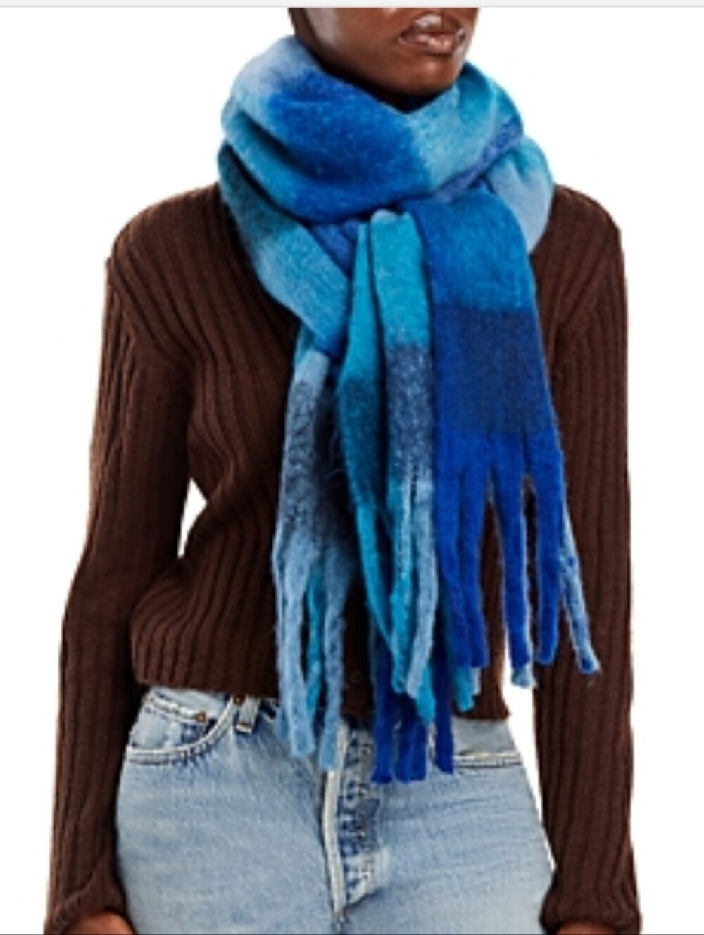 Bloomingdale's Blue Ombre Fringe Scarf MSRP $88 Aqua Plaid. Gift Fall Winter